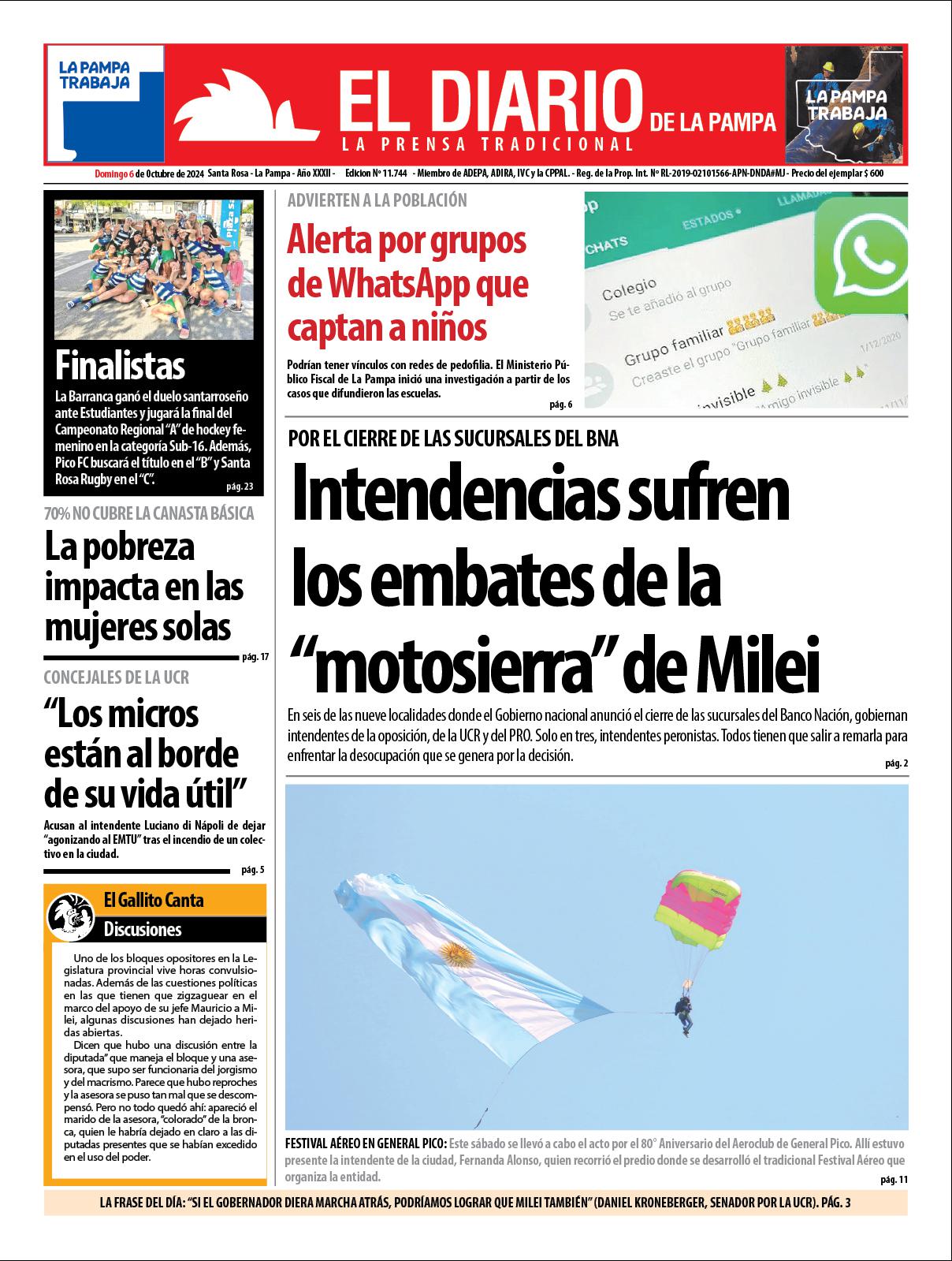 Tapa de El Diario en papel  domingo 06 de octubre de 2024